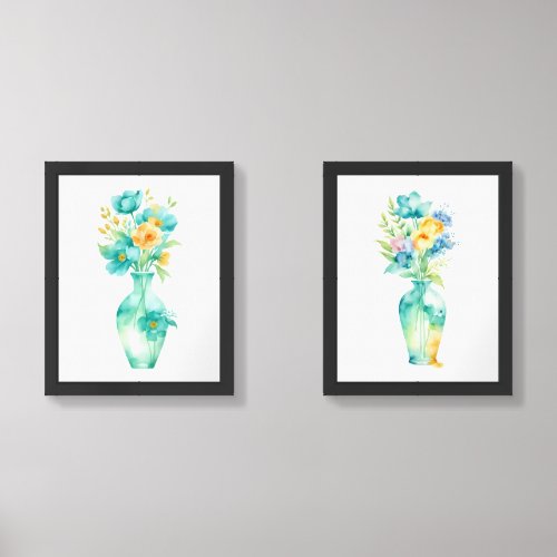 Vibrant Watercolor Flowers Bouquet in Vase Wall Art Sets