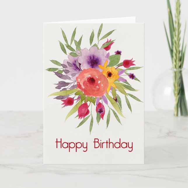 Vibrant Watercolor Flowers Happy Birthday Card (Front)