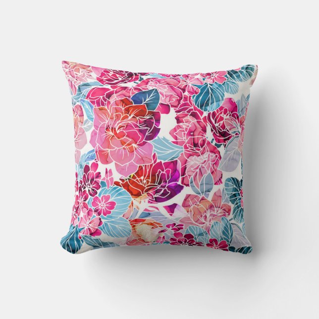 Vibrant Watercolor Flowers Pattern Throw Pillow (Front)