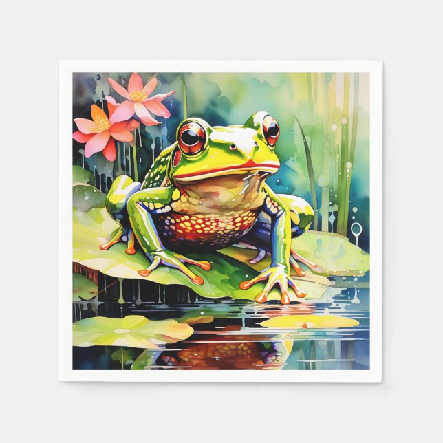 Vibrant Watercolor Frog Napkins (Front)