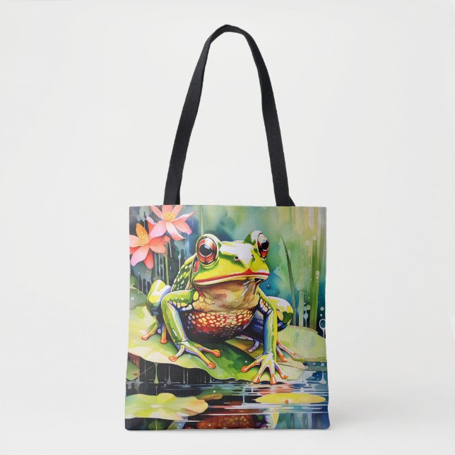 Vibrant Watercolor Frog Tote Bag (Front)