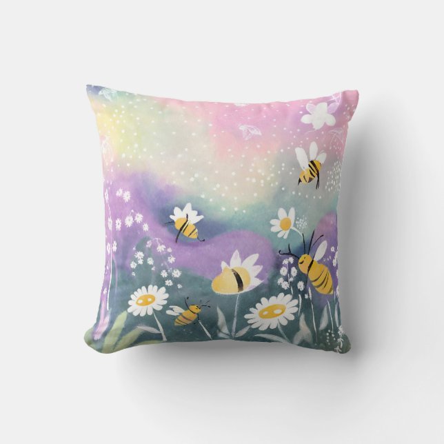 Vibrant Watercolor Garden With Bees Flowers  Throw Pillow (Front)