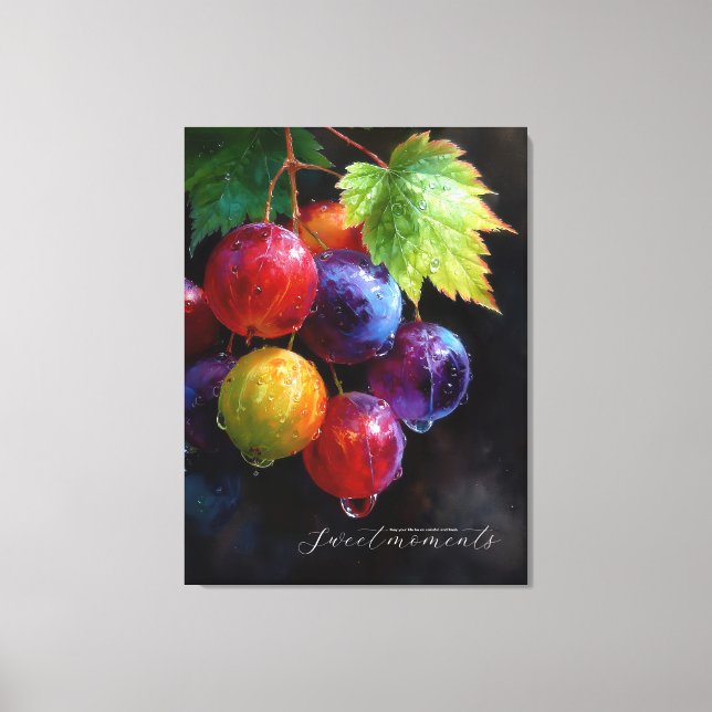 Vibrant Watercolor Grapes and Dew Drops Canvas Print (Front)