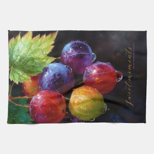 Vibrant Watercolor Grapes and Dew Drops Kitchen Towel (Horizontal)