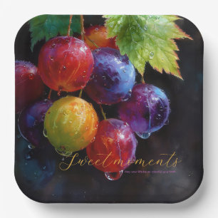 Vibrant Watercolor Grapes and Dew Drops Paper Plates