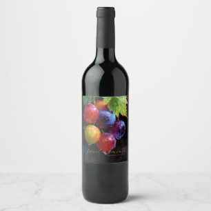 Vibrant Watercolor Grapes and Dew Drops Wine Label