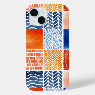 Vibrant Watercolor Grid Pattern in Blue & Orange iPhone 15 Case