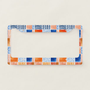 Vibrant Watercolor Grid Pattern in Blue & Orange License Plate Frame