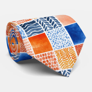 Vibrant Watercolor Grid Pattern in Blue & Orange Neck Tie