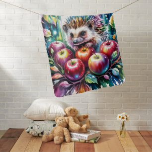 Vibrant Watercolor Hedgehog with Autumn Apples Baby Blanket