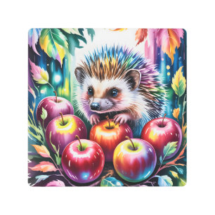 Vibrant Watercolor Hedgehog with Autumn Apples Metal Print