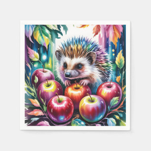 Vibrant Watercolor Hedgehog with Autumn Apples Napkins