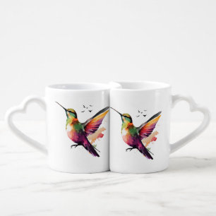 Vibrant Watercolor Hummingbird Illustration Coffee Mug Set