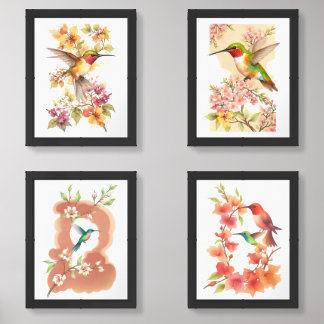 Vibrant Watercolor Hummingbird on Branch of Yarrow Wall Art Sets