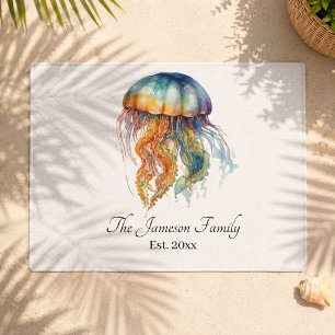 Vibrant Watercolor Jellyfish Coastal Marine Ocean Doormat