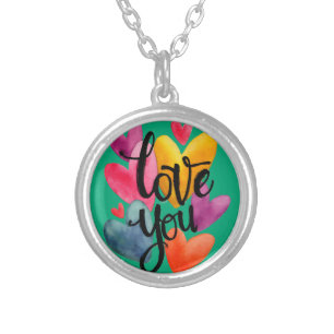 Vibrant Watercolor Love: Hand-Lettered "Love You" Silver Plated Necklace
