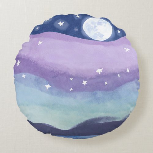Vibrant Watercolor Moon Star Shining  Round Pillow