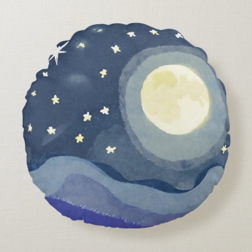 Vibrant Watercolor Moon Star Shining  Round Pillow