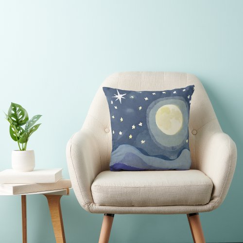 Vibrant Watercolor Moon Star Shining Throw Pillow 