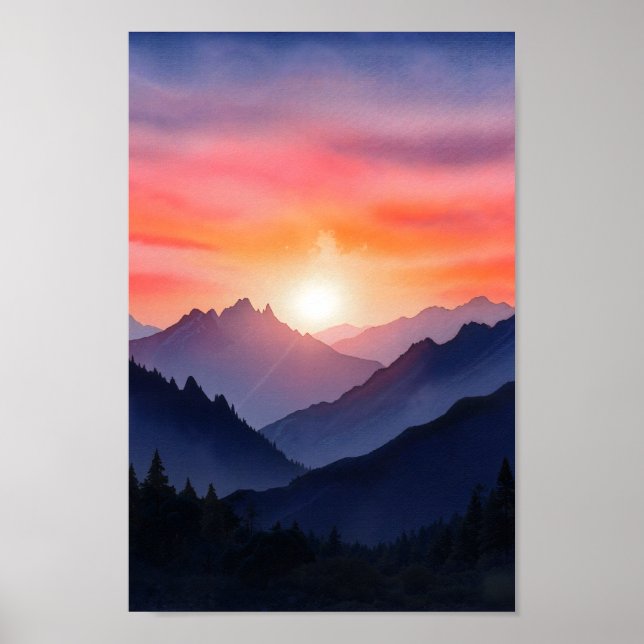 Vibrant Watercolor Mountain Sunset Painting Poster (Front)
