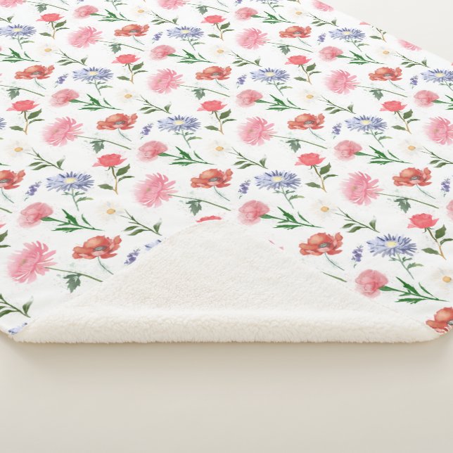 Vibrant Watercolor Multicolor Floral Pattern Sherpa Blanket (3/4)