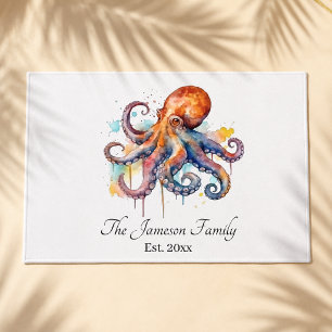 Vibrant Watercolor Nautical Coastal Sea Octopus Doormat