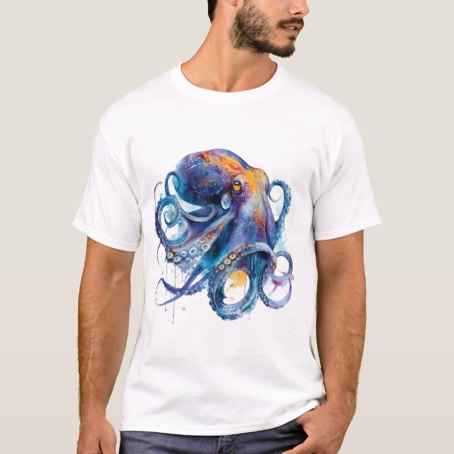 Vibrant Watercolor Octopus — Coastal Ocean Art T-Shirt (Front)
