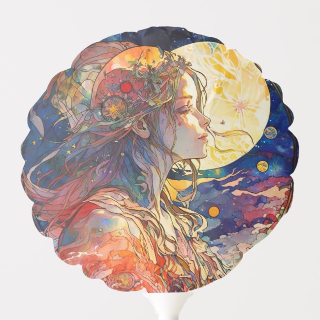 Vibrant Watercolor of Girl and Moon Balloon