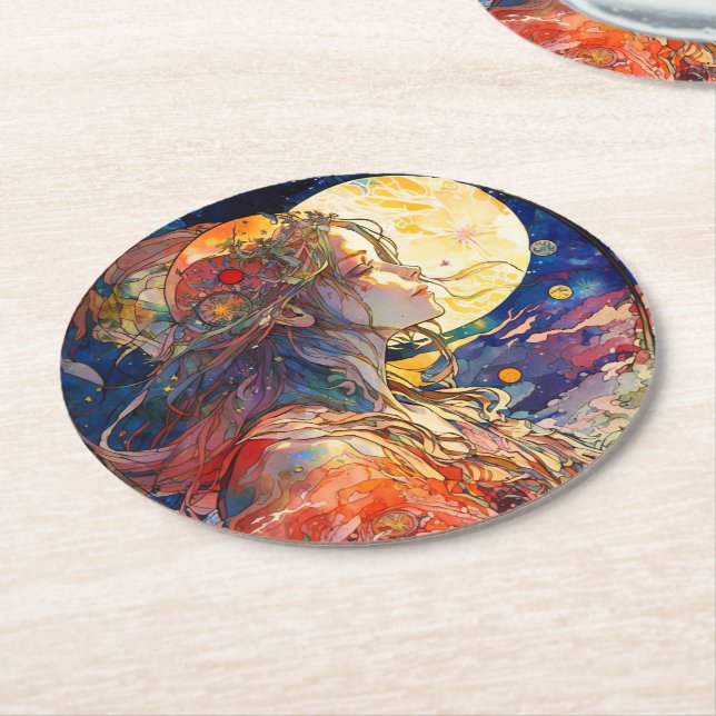 Vibrant Watercolor of Girl and Moon Paper Coaster (Angled)