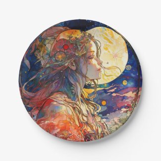 Vibrant Watercolor of Girl and Moon Paper Plate
