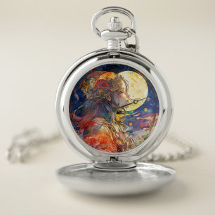 Vibrant Watercolor of Girl and Moon Pocket Watch