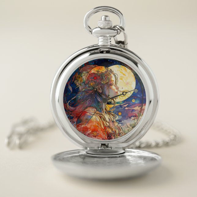 Vibrant Watercolor of Girl and Moon Pocket Watch (Inside)