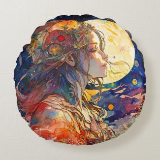 Vibrant Watercolor of Girl and Moon Round Pillow