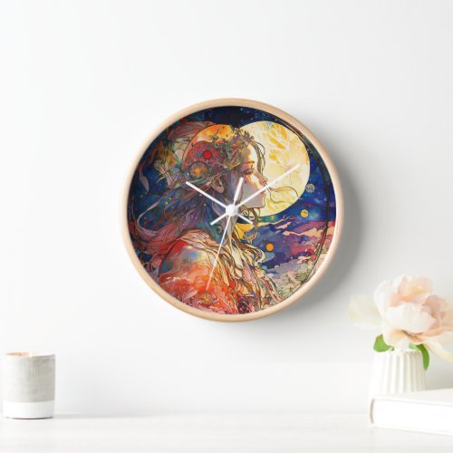 Vibrant Watercolor of Girl and Moon Wall Clock