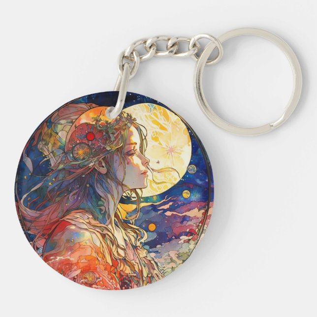 Vibrant Watercolor of Girl & Moon Acrylic Keychain (Back)