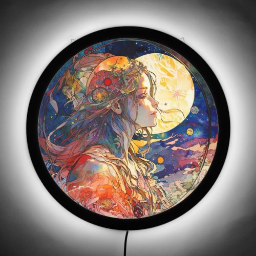 Vibrant Watercolor of Girl  Moon Illuminated Sign