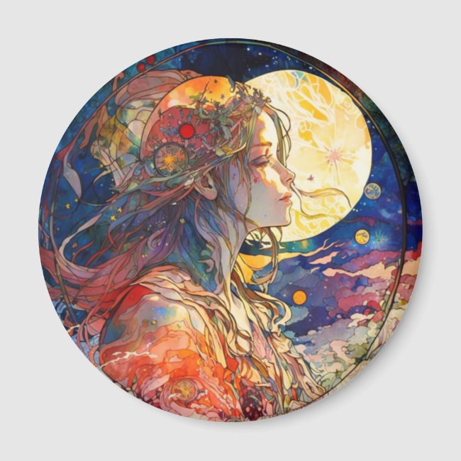 Vibrant Watercolor of Girl & Moon Magnet