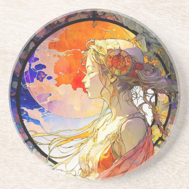 Vibrant Watercolor of Girl Sandstone Coaster (Front)