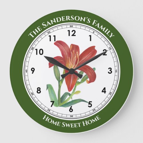 Vibrant Watercolor Orange Lily Illustration Large Clock