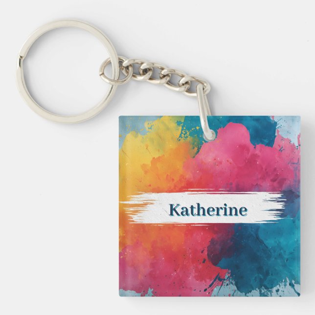 Vibrant Watercolor Paint Splash with Custom Name Keychain (Front)
