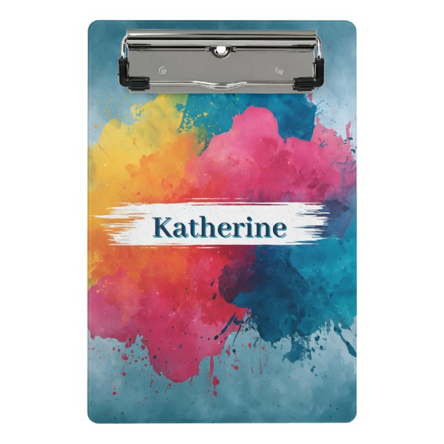 Vibrant Watercolor Paint Splash with Custom Name Mini Clipboard (Front)