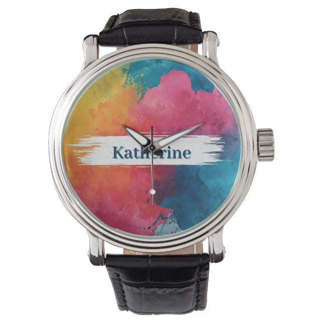 Vibrant Watercolor Paint Splash with Custom Name Watch (Front)