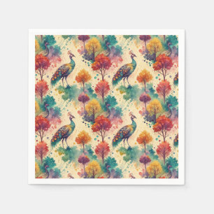 Vibrant Watercolor Peacock Forest Painting Pattern Napkins