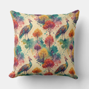 Vibrant Watercolor Peacock Forest Painting Pattern Throw Pillow