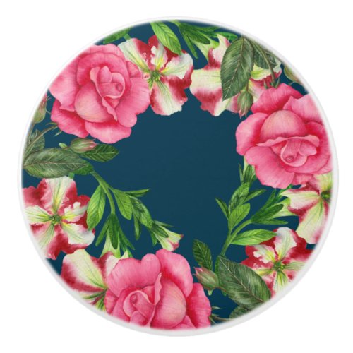 Vibrant Watercolor Pink Floral Wreath Illustration Ceramic Knob
