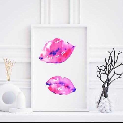 Vibrant Watercolor Pink Lips Abstract Fashion Art Poster