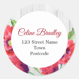 Vibrant Watercolor Red Poppies Rustic Address Classic Round Sticker