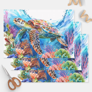 Vibrant Watercolor Sea Turtle Decoupage Wrapping Paper Sheets