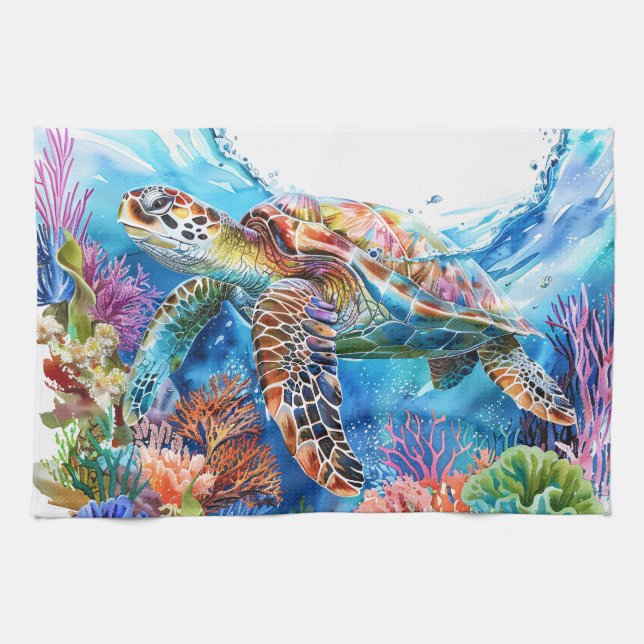 Vibrant Watercolor Sea Turtle Kitchen Towel (Horizontal)