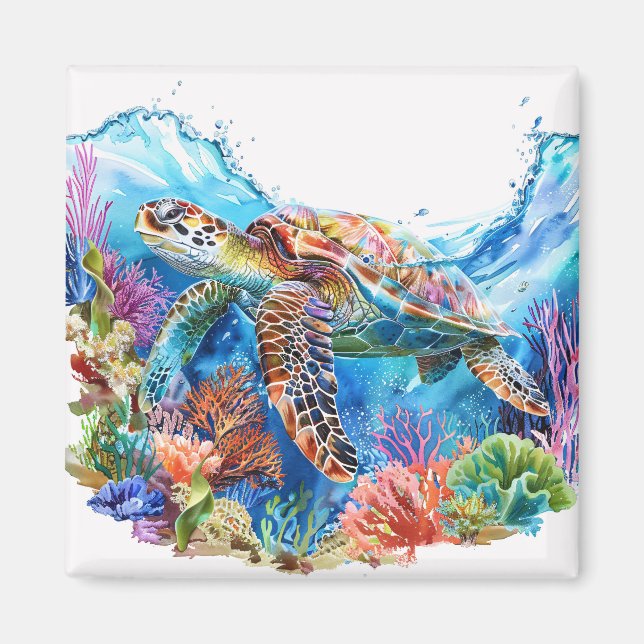 Vibrant Watercolor Sea Turtle Magnet (Front)